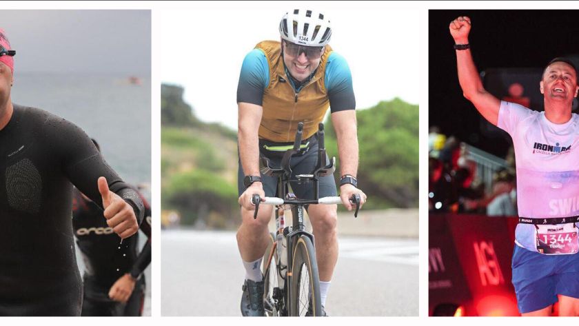 Dr. Teodor Holhoș în timpul probelor de înot, ciclism și alergare la competiția Ironman Barcelona