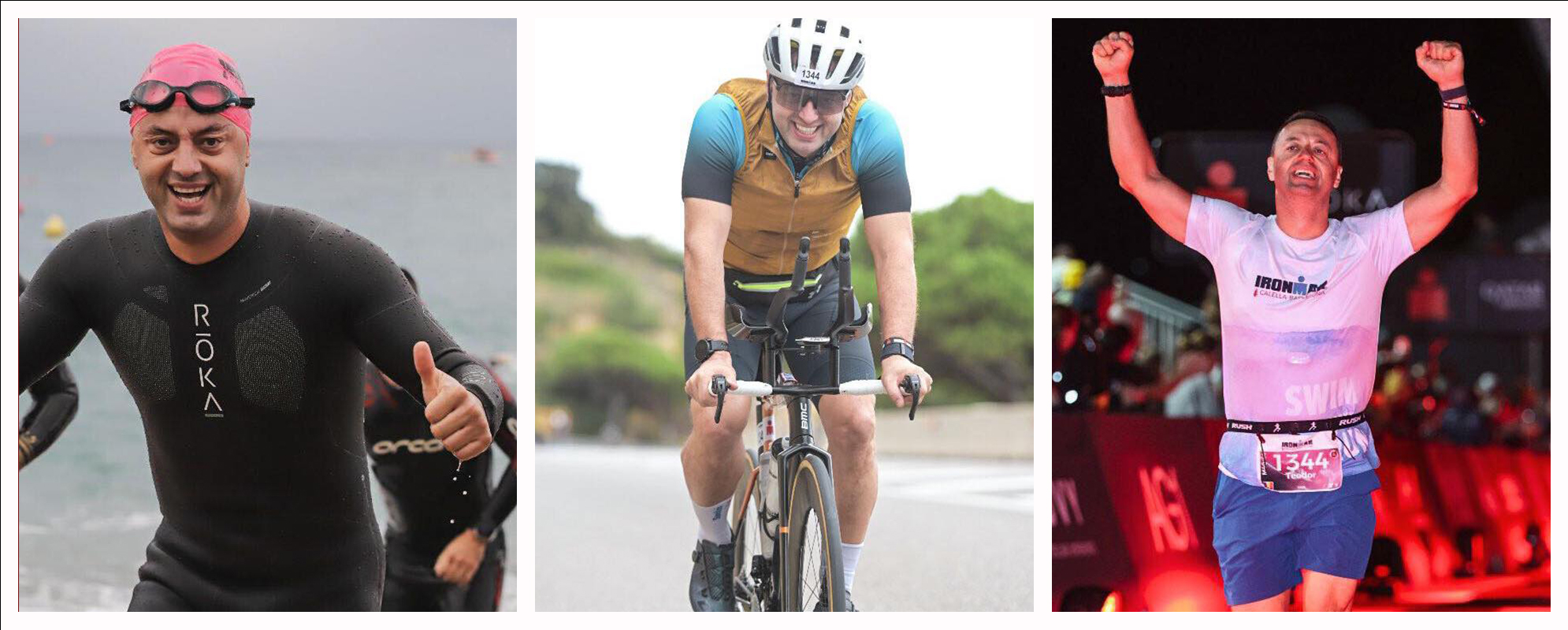 Dr. Teodor Holhoș în timpul probelor de înot, ciclism și alergare la competiția Ironman Barcelona
